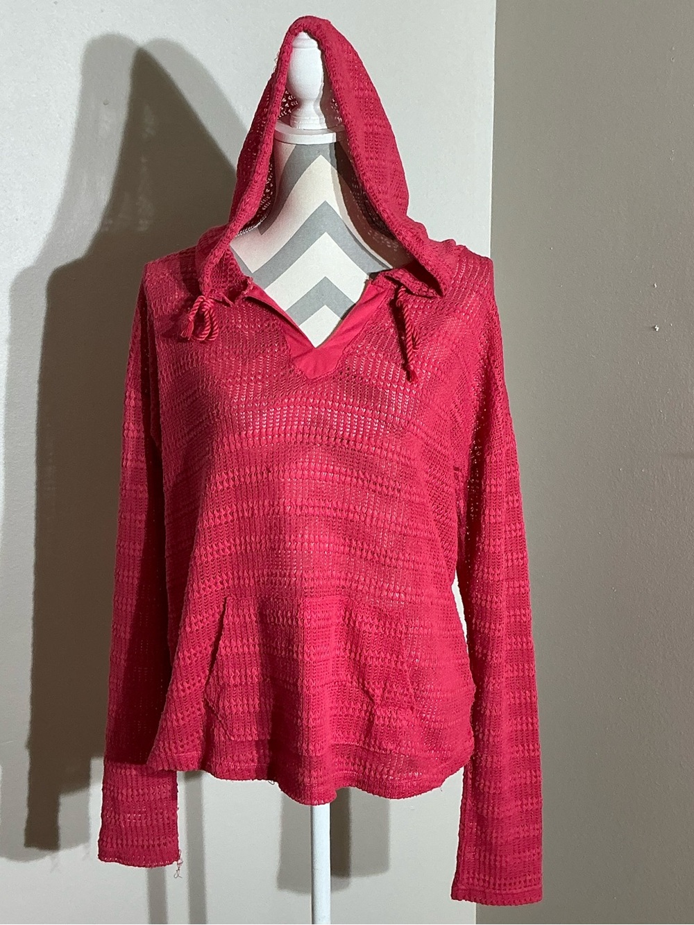 Aeropostale L Bright Pink Open-Knit Hooded Pullover Crochet